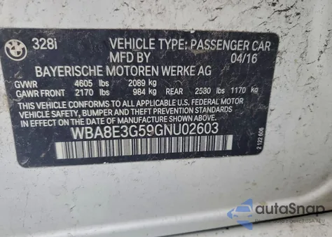 2016 BMW 328 Xi Sulev z USA, uszkodzony, nr VIN WBA8E3G59GNU02603